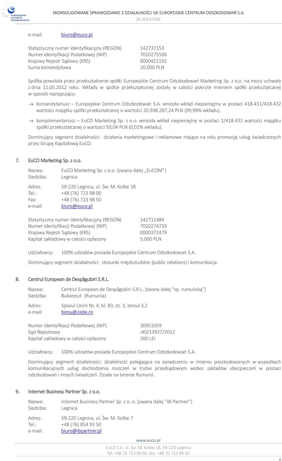 Wkłady w spółce przekształconej zostały w całości pokryte mieniem spółki przekształcanej w sposób następujący: komandytariusz Europejskie Centrum Odszkodowań S.A.