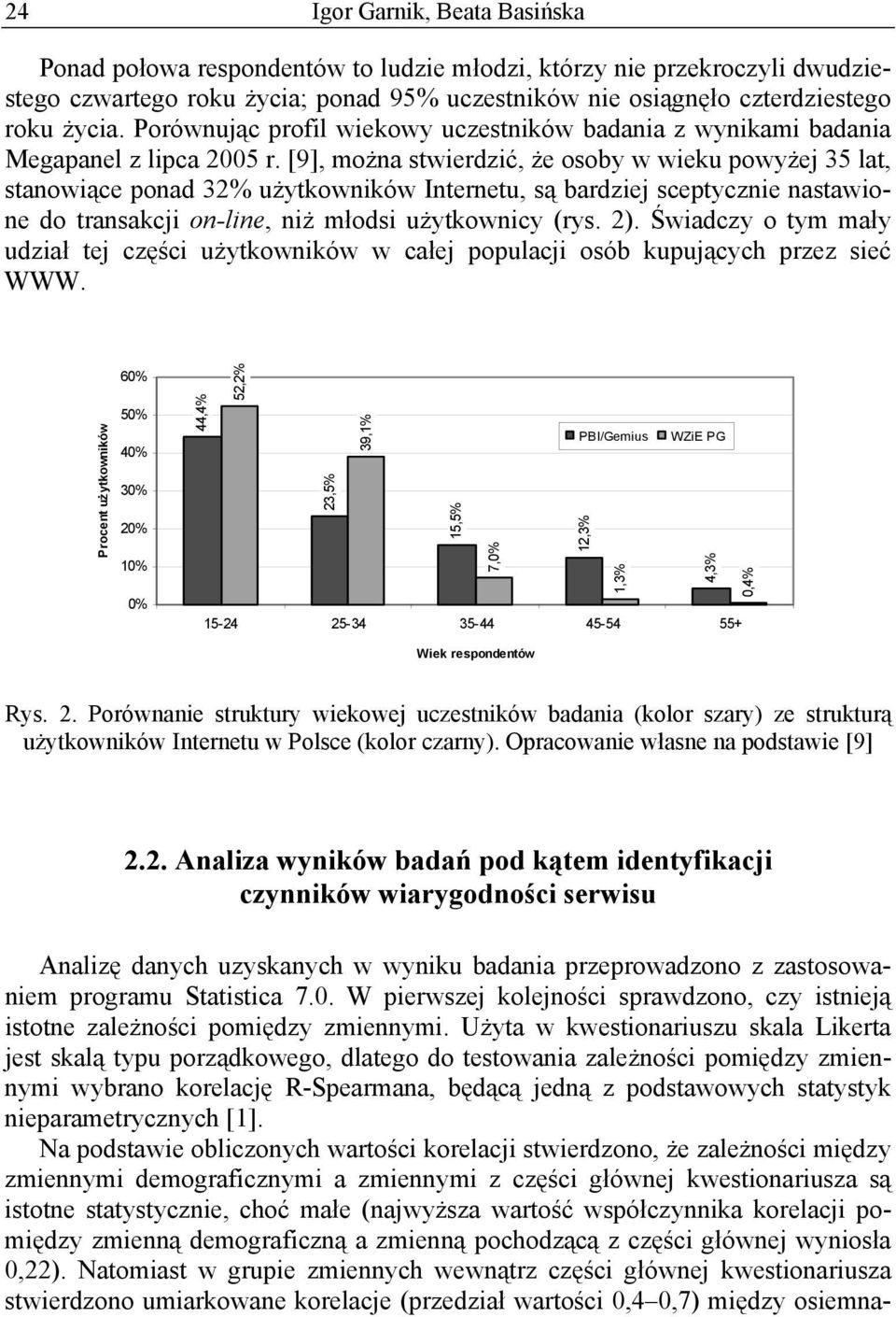 [9], można stwierdzić, że osoby w wieku powyżej 35 lat, stanowiące ponad 32% użytkowników Internetu, są bardziej sceptycznie nastawione do transakcji on-line, niż młodsi użytkownicy (rys. 2).