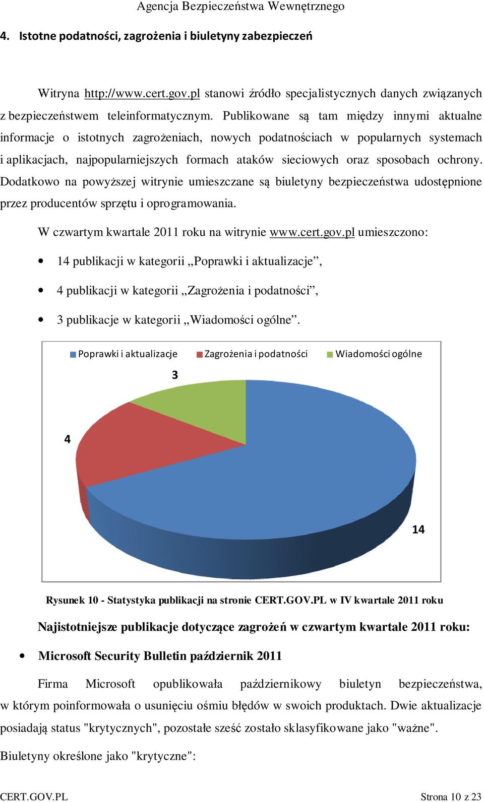 ochrony. Dodatkowo na powyższej witrynie umieszczane są biuletyny bezpieczeństwa udostępnione przez producentów sprzętu i oprogramowania. W czwartym kwartale 2011 roku na witrynie www.cert.gov.