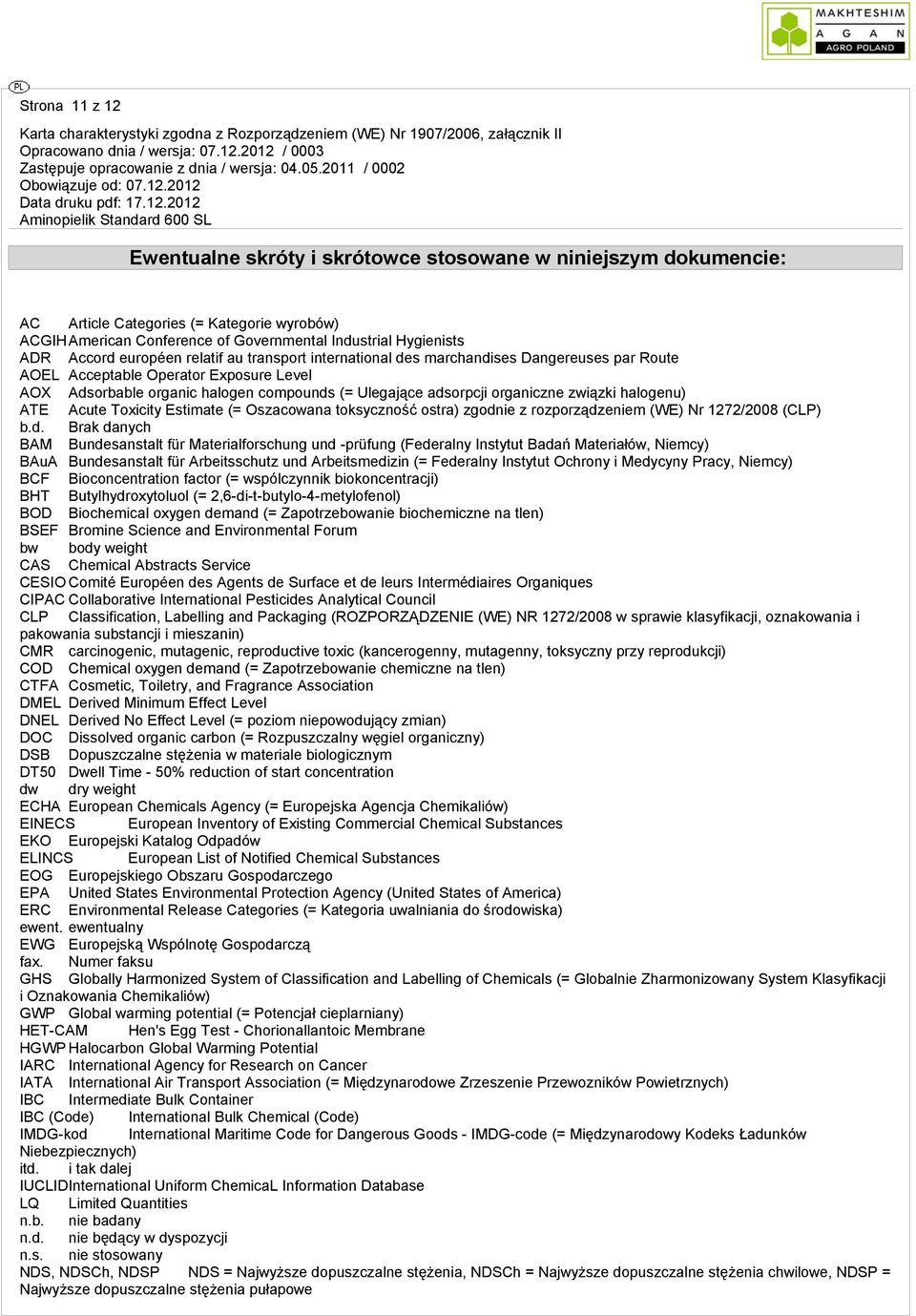 związki halogenu) ATE Acute Toxicity Estimate (= Oszacowana toksyczność ostra) zgodnie z rozporządzeniem (WE) Nr 1272/2008 (CLP) Brak danych BAM Bundesanstalt für Materialforschung und -prüfung