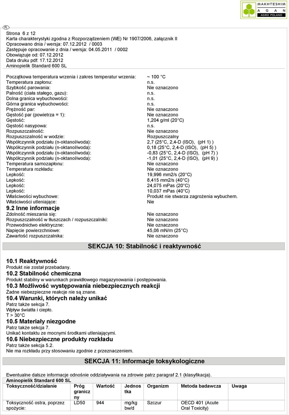 2,7 (25 C, 2,4-D (ISO), (ph 1) ) Współczynnik podziału (n-oktanol/woda): 0,18 (25 C, 2,4-D (ISO), (ph 5) ) Współczynnik podziału (n-oktanol/woda): -0,83 (25 C, 2,4-D (ISO), (ph 7) ) Współczynnik