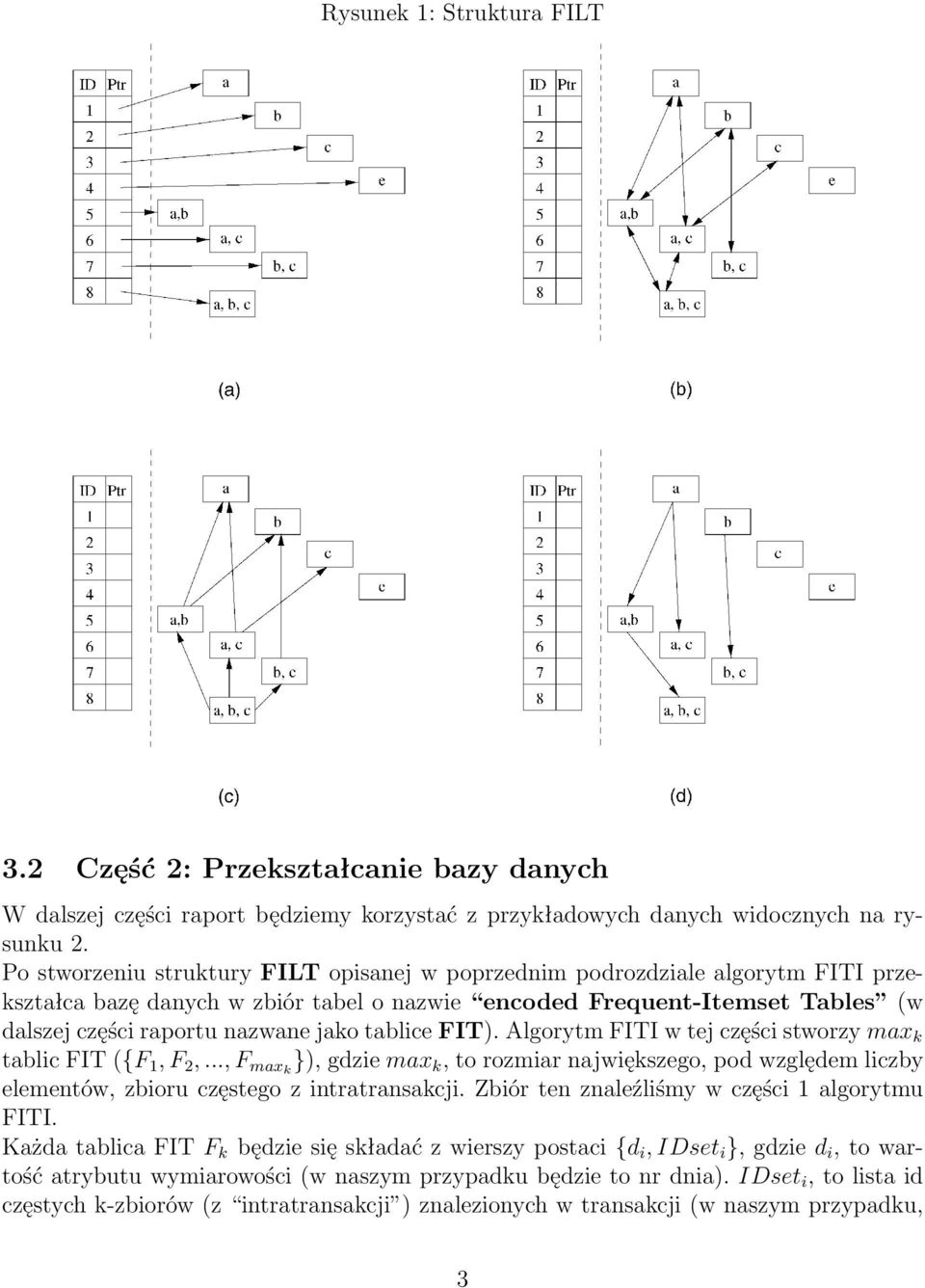 tablice FIT). Algorytm FITI w tej części stworzy max k tablic FIT ({F 1, F 2,..., F maxk ), gdzie max k, to rozmiar największego, pod względem liczby elementów, zbioru częstego z intratransakcji.