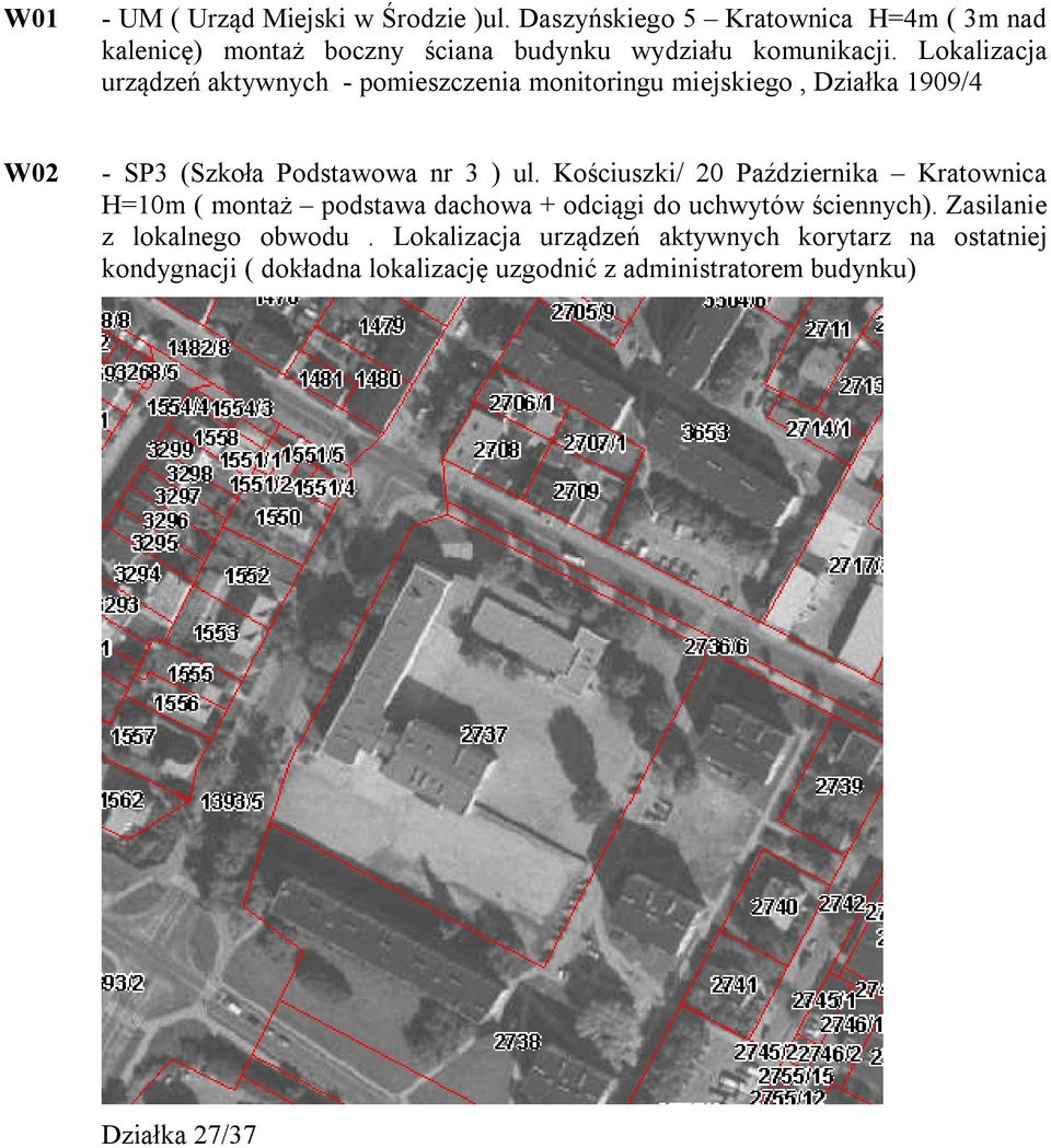 Lokalizacja urządzeń aktywnych - pomieszczenia monitoringu miejskiego, Działka 1909/4 W02 - SP3 (Szkoła Podstawowa nr 3 ) ul.