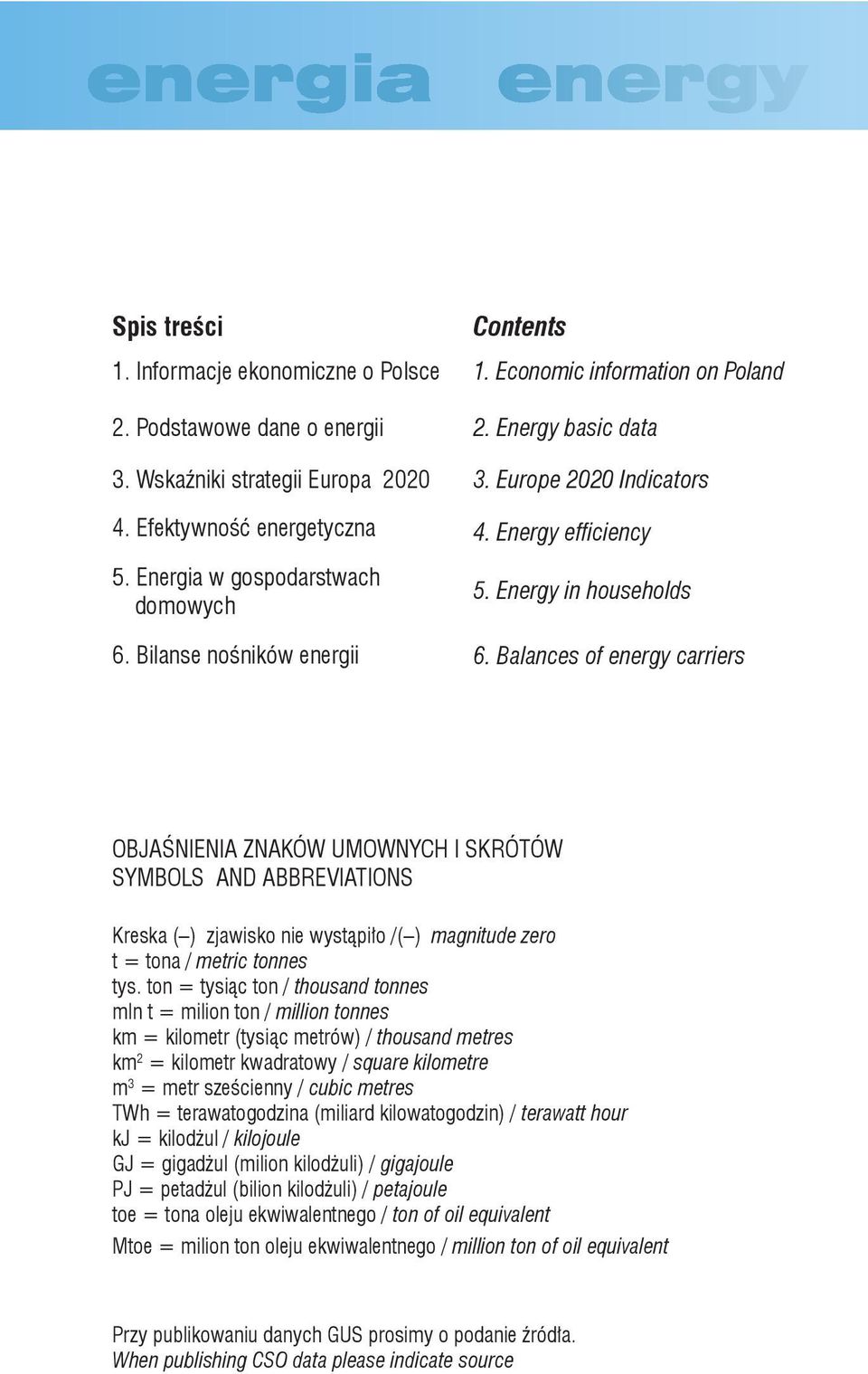 Balances of energy carriers OBJAŚNIENIA ZNAKÓW UMOWNYCH I SKRÓTÓW SYMBOLS AND ABBREVIATIONS Kreska ( ) zjawisko nie wystąpiło /( ) magnitude zero t = tona / metric tonnes tys.