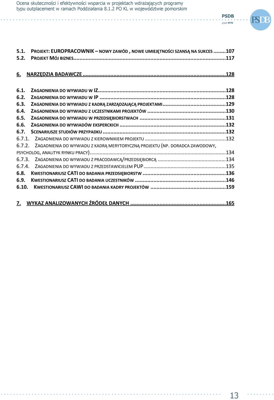 .. 132 6.7. SCENARIUSZE STUDIÓW PRZYPADKU... 132 6.7.1. ZAGADNIENIA DO WYWIADU Z KIEROWNIKIEM PROJEKTU... 132 6.7.2. ZAGADNIENIA DO WYWIADU Z KADRĄ MERYTORYCZNĄ PROJEKTU (NP.