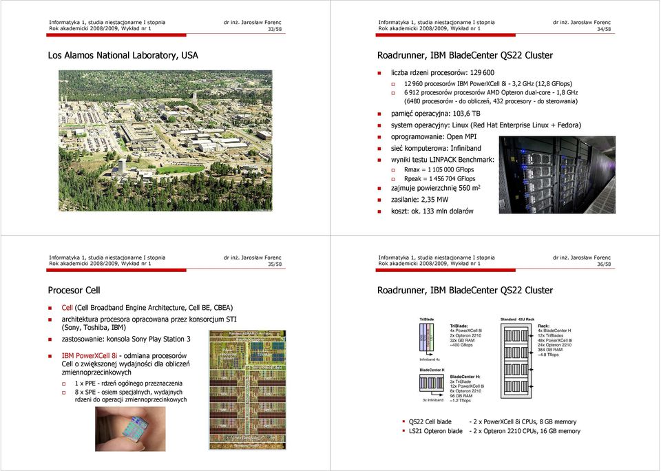 zwiększonej wydajności dla obliczeń zmiennoprzecinkowych 34/58 Roadrunner, Roadrunner, IBM BladeCenter QS22 Cluster Rok akademicki 2008/2009, Wykład nr 1 35/58 12 960 procesorów IBM PowerXCell 8i -