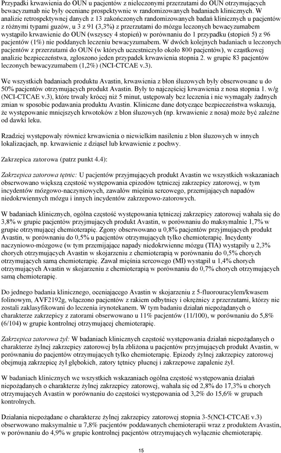 krwawienie do OUN (wszyscy 4 stopień) w porównaniu do 1 przypadku (stopień 5) z 96 pacjentów (1%) nie poddanych leczeniu bewacyzumabem.