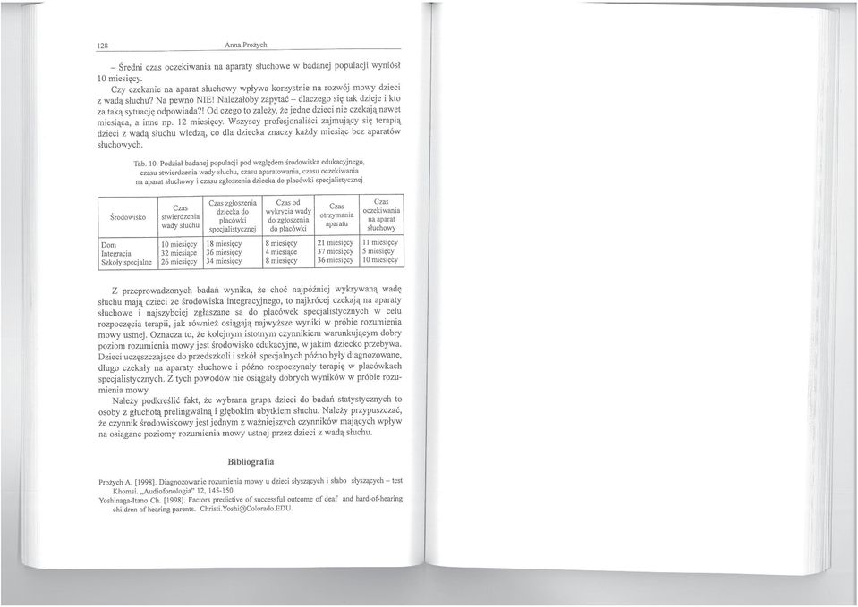 Wszyscy profesjonaliści zajmujący się terapią dzieci z wadą słuchu wiedzą, co dla dziecka znaczy każdy miesiąc bez aparatów słuchowych. Tab. 10.