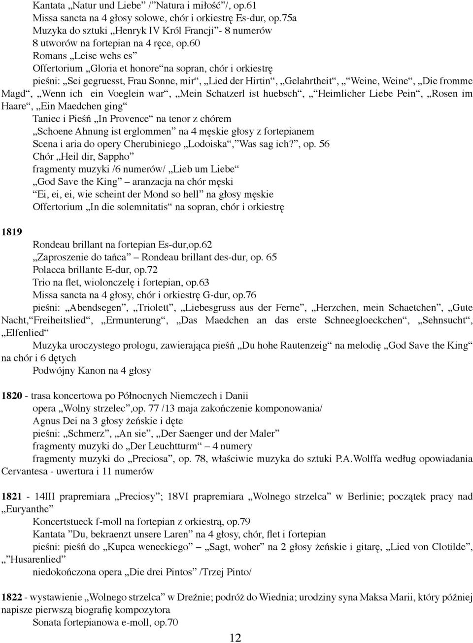 60 Romans Leise wehs es Offertorium Gloria et honore na sopran, chór i orkiestrę pieśni: Sei gegruesst, Frau Sonne, mir, Lied der Hirtin, Gelahrtheit, Weine, Weine, Die fromme Magd, Wenn ich ein