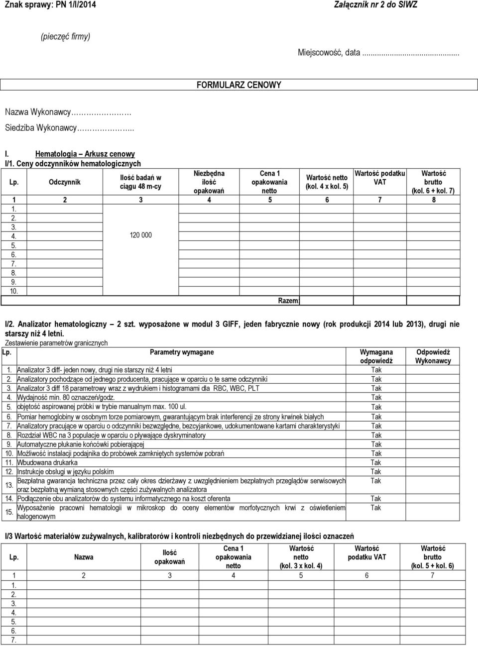 10. 120 000 Razem: I/2. Analizator hematologiczny 2 szt. wyposażone w moduł 3 GIFF, jeden fabrycznie nowy (rok produkcji 2014 lub 2013), drugi nie starszy niż 4 letni.