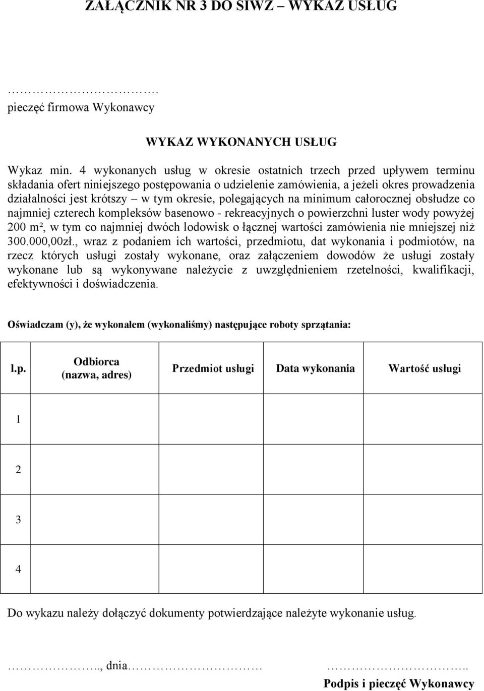 okresie, polegających na minimum całorocznej obsłudze co najmniej czterech kompleksów basenowo - rekreacyjnych o powierzchni luster wody powyżej 200 m², w tym co najmniej dwóch lodowisk o łącznej