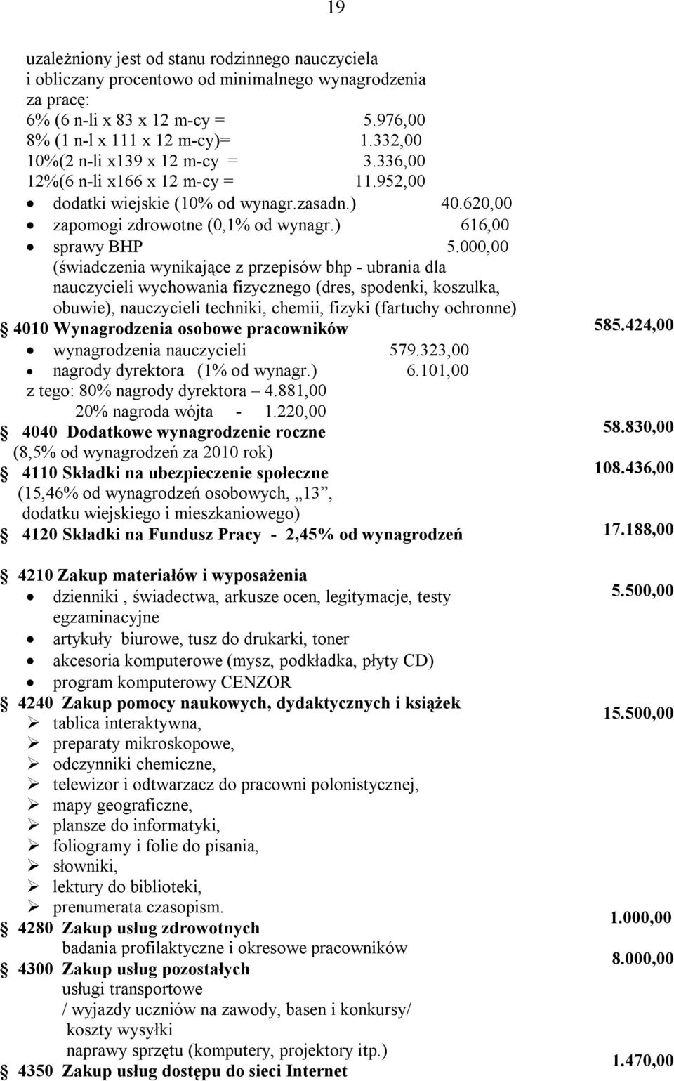 000,00 (świadczenia wynikające z przepisów bhp - ubrania dla nauczycieli wychowania fizycznego (dres, spodenki, koszulka, obuwie), nauczycieli techniki, chemii, fizyki (fartuchy ochronne) 4010