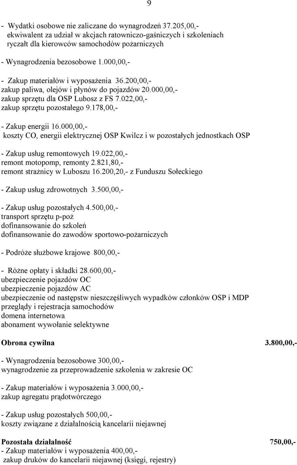 200,00,- zakup paliwa, olejów i płynów do pojazdów 20.000,00,- zakup sprzętu dla OSP Lubosz z FS 7.022,00,- zakup sprzętu pozostałego 9.178,00,- - Zakup energii 16.