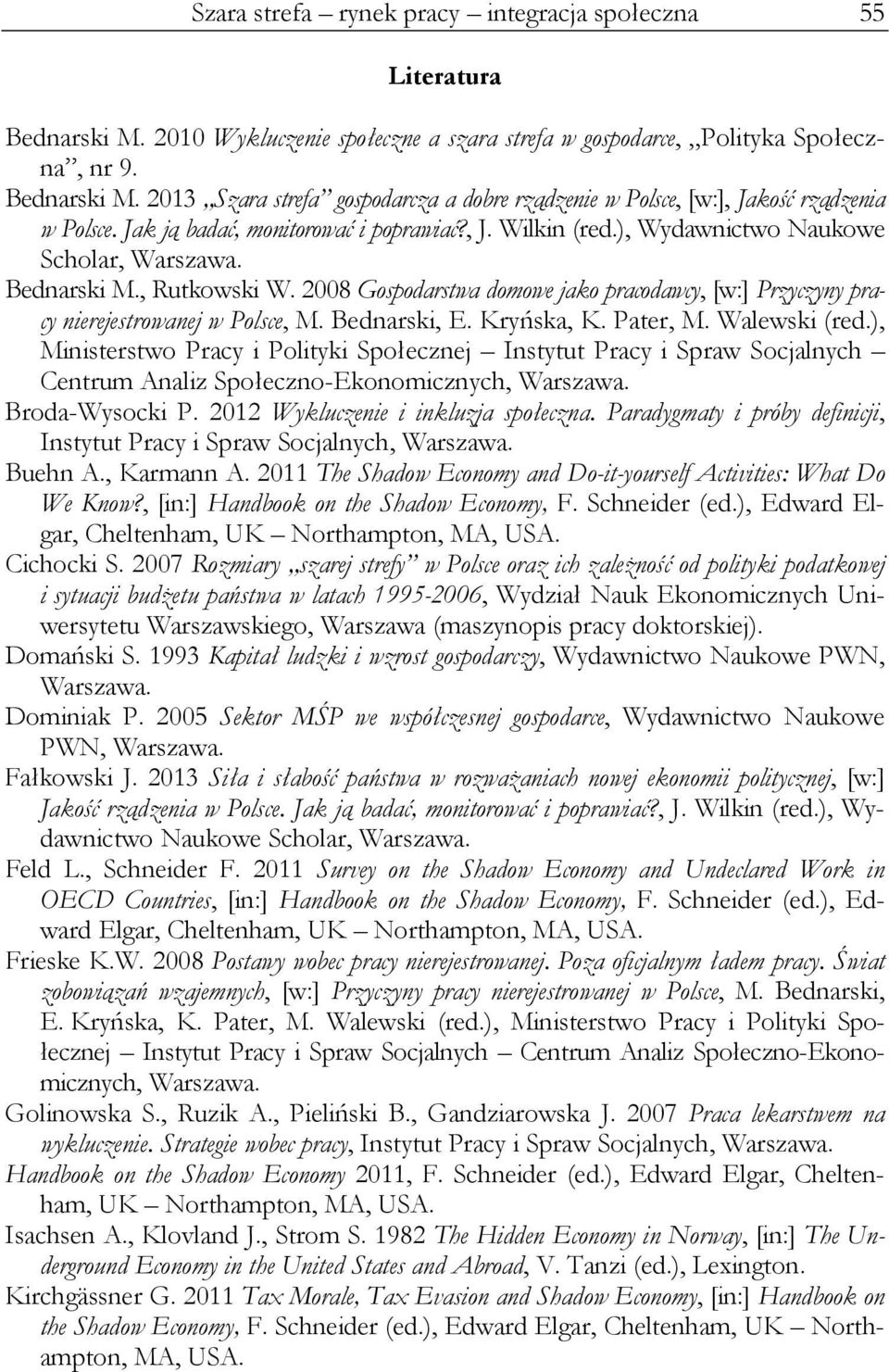 2008 Gospodarstwa domowe jako pracodawcy, [w:] Przyczyny pracy nierejestrowanej w Polsce, M. Bednarski, E. Kryńska, K. Pater, M. Walewski (red.