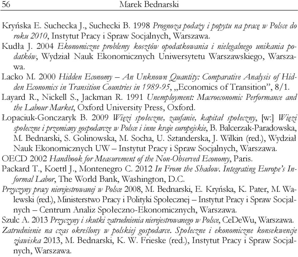 2000 Hidden Economy An Unknown Quantity: Comparative Analysis of Hidden Economics in Transition Countries in 1989-95, Economics of Transition, 8/1. Layard R., Nickell S., Jackman R.