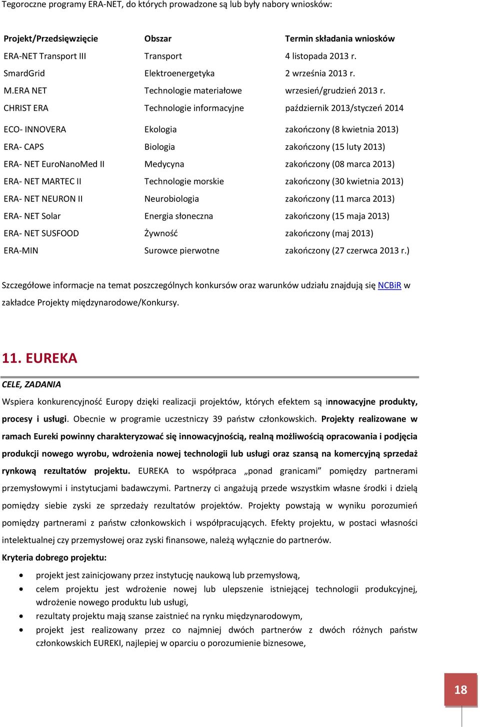 CHRIST ERA Technologie informacyjne październik 2013/styczeń 2014 ECO- INNOVERA Ekologia zakończony (8 kwietnia 2013) ERA- CAPS Biologia zakończony (15 luty 2013) ERA- NET EuroNanoMed II Medycyna