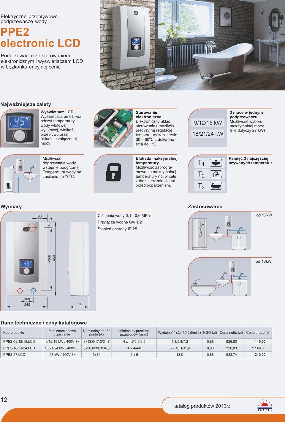 30 60 C z dokładno- ścią do 1 C. 9/1/15 kw 18/1/4 kw 3 moce w jednym podgrzewaczu Możliwość wyboru maksymalnej mocy (nie dotyczy 7 kw) Możliwość dogrzewania wody wstępnie podgrzanej.