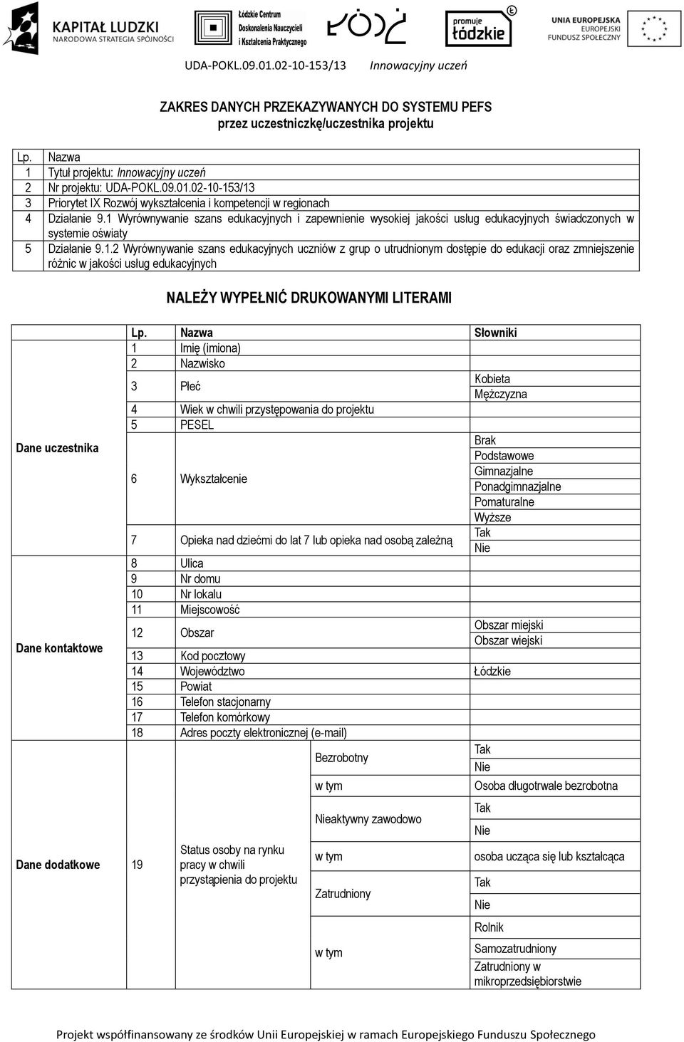 1 Wyrównywanie szans edukacyjnych i zapewnienie wysokiej jakości usług edukacyjnych świadczonych w systemie oświaty 5 Działanie 9.1.2 Wyrównywanie szans edukacyjnych uczniów z grup o utrudnionym