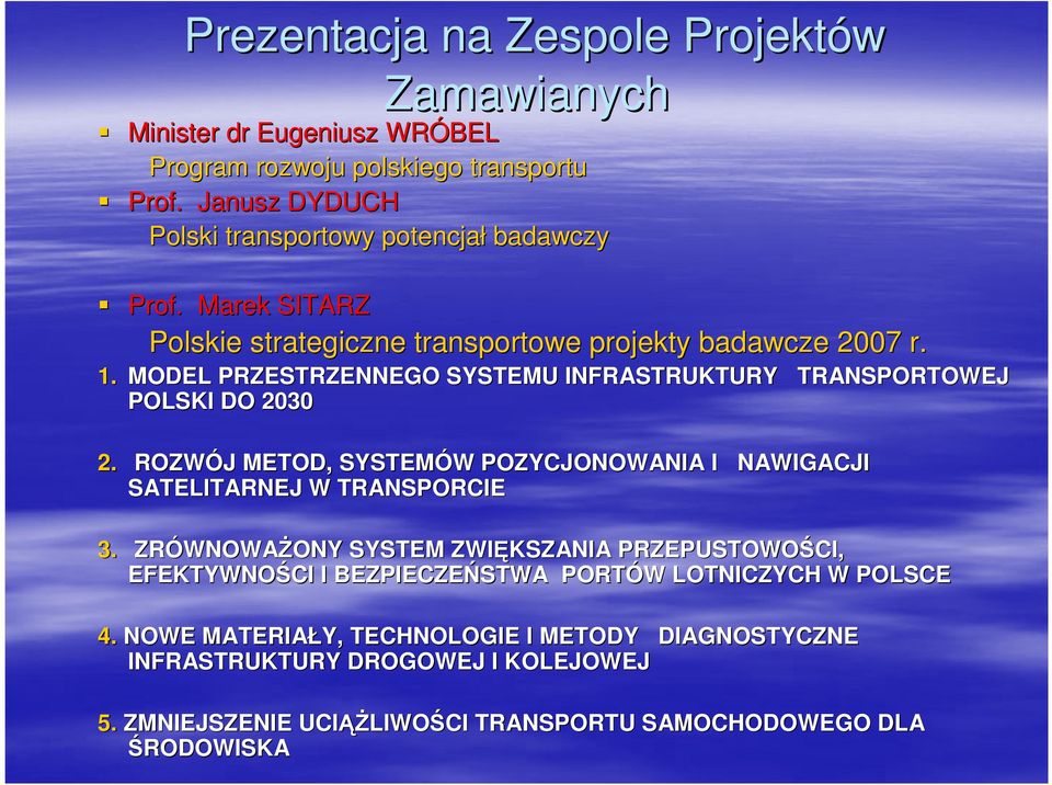 MODEL PRZESTRZENNEGO SYSTEMU INFRASTRUKTURY TRANSPORTOWEJ POLSKI DO 2030 2. ROZWÓJ J METOD, SYSTEMÓW W POZYCJONOWANIA I NAWIGACJI SATELITARNEJ W TRANSPORCIE 3.