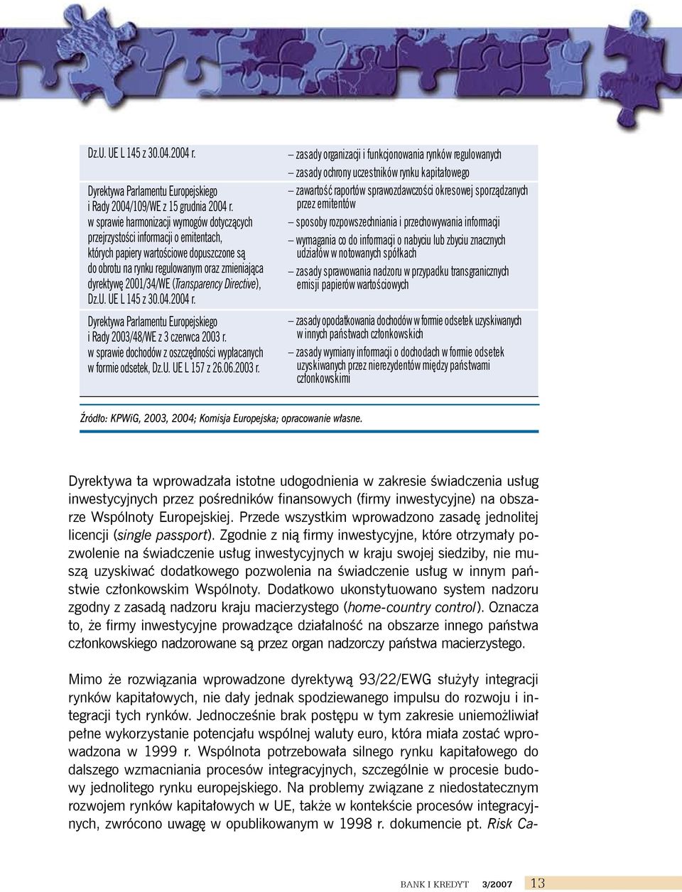 Dyrektywa Parlamentu Europejskiego i Rady 2004/39/WE z 21 kwietnia 2004 r. w sprawie rynków instrumentów finansowych, Dz.U. UE L 145 z 30.04.2004 r. Dyrektywa Parlamentu Europejskiego i Rady 2004/109/WE z 15 grudnia 2004 r.
