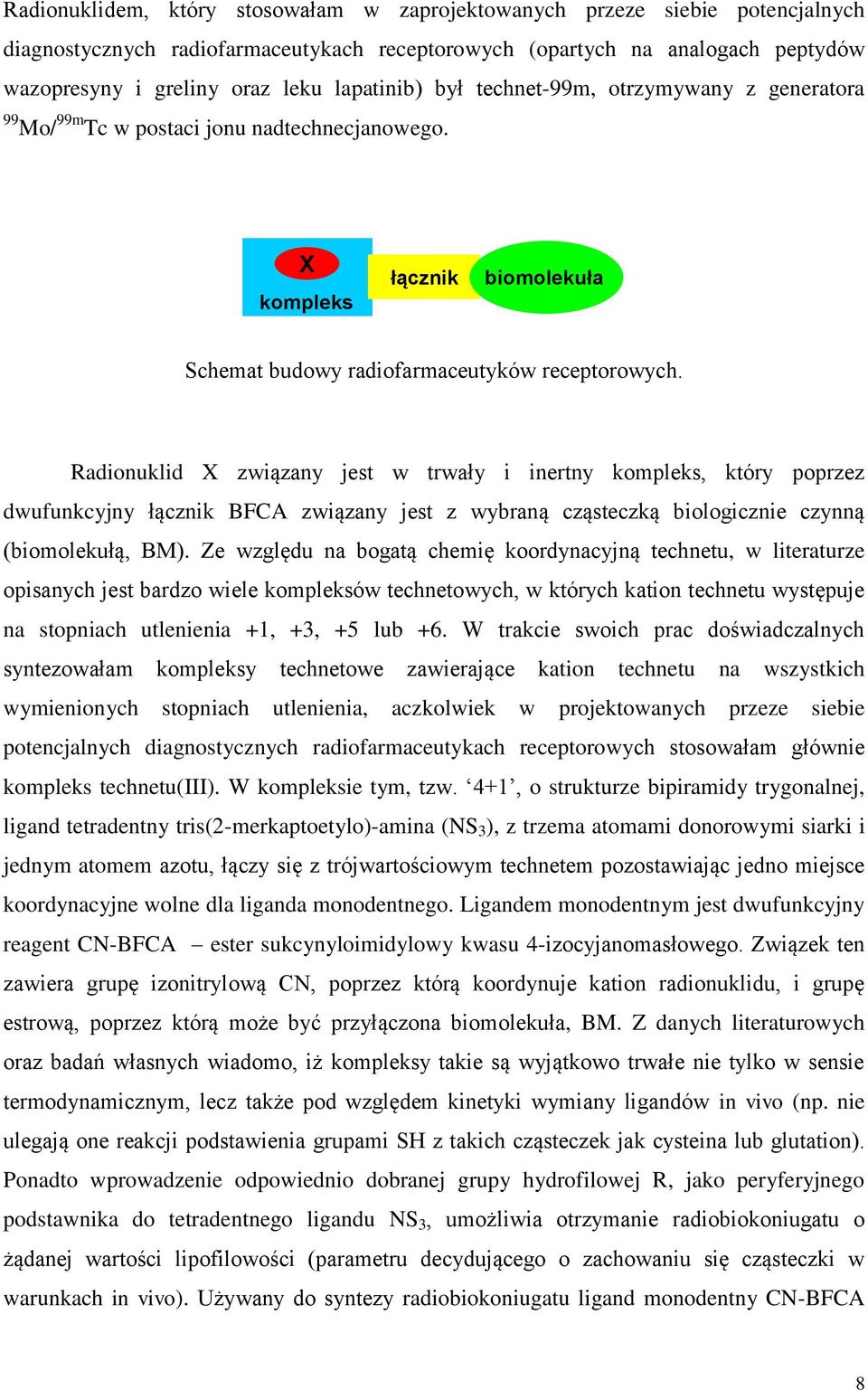 Radionuklid X związany jest w trwały i inertny kompleks, który poprzez dwufunkcyjny łącznik BFCA związany jest z wybraną cząsteczką biologicznie czynną (biomolekułą, BM).