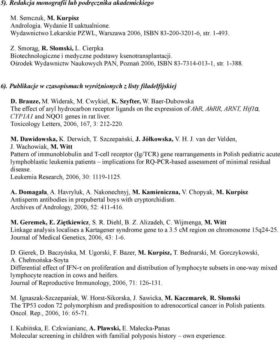 Publikacje w czasopismach wyróżnionych z listy filadelfijskiej D. Brauze, M. Widerak, M. Cwykiel, K. Szyfter, W.