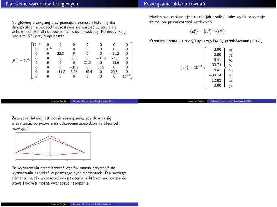 Jako wynik otrzymuje się wektor przemieszczeń węzłowych {u o i } K o {P o i } Przemieszczenia poszczegónych węzłów są przedstawione poniżej. x. y.4 x {ui o } 4.74 y.4 x.74 y.8 x 4.
