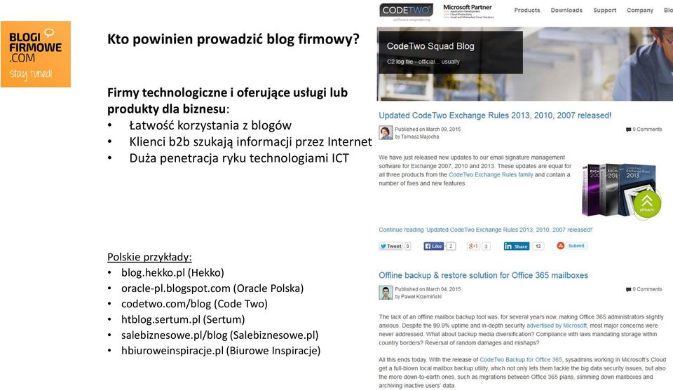 szukają informacji przez Internet Duża penetracja ryku technologiami ICT Polskie przykłady: blog.hekko.