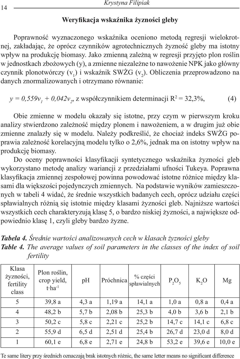 Jako zmienną zależną w regresji przyjęto plon roślin w jednostkach zbożowych (y), a zmienne niezależne to nawożenie NPK jako główny czynnik plonotwórczy (v 1 ) i wskaźnik SWŻG (v 2 ).