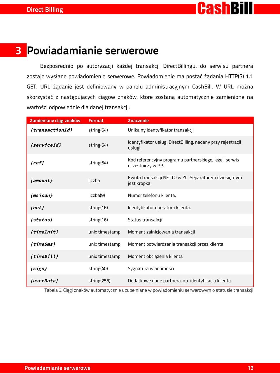 W URL można skorzystać z następujących ciągów znaków, które zostaną automatycznie zamienione na wartości odpowiednie dla danej transakcji: Zamieniany ciąg znaków Format Znaczenie {transactionid}