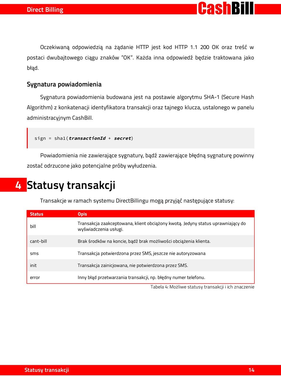 administracyjnym CashBill. sign = sha1(transactionid + secret) Powiadomienia nie zawierające sygnatury, bądź zawierające błędną sygnaturę powinny zostać odrzucone jako potencjalne próby wyłudzenia.