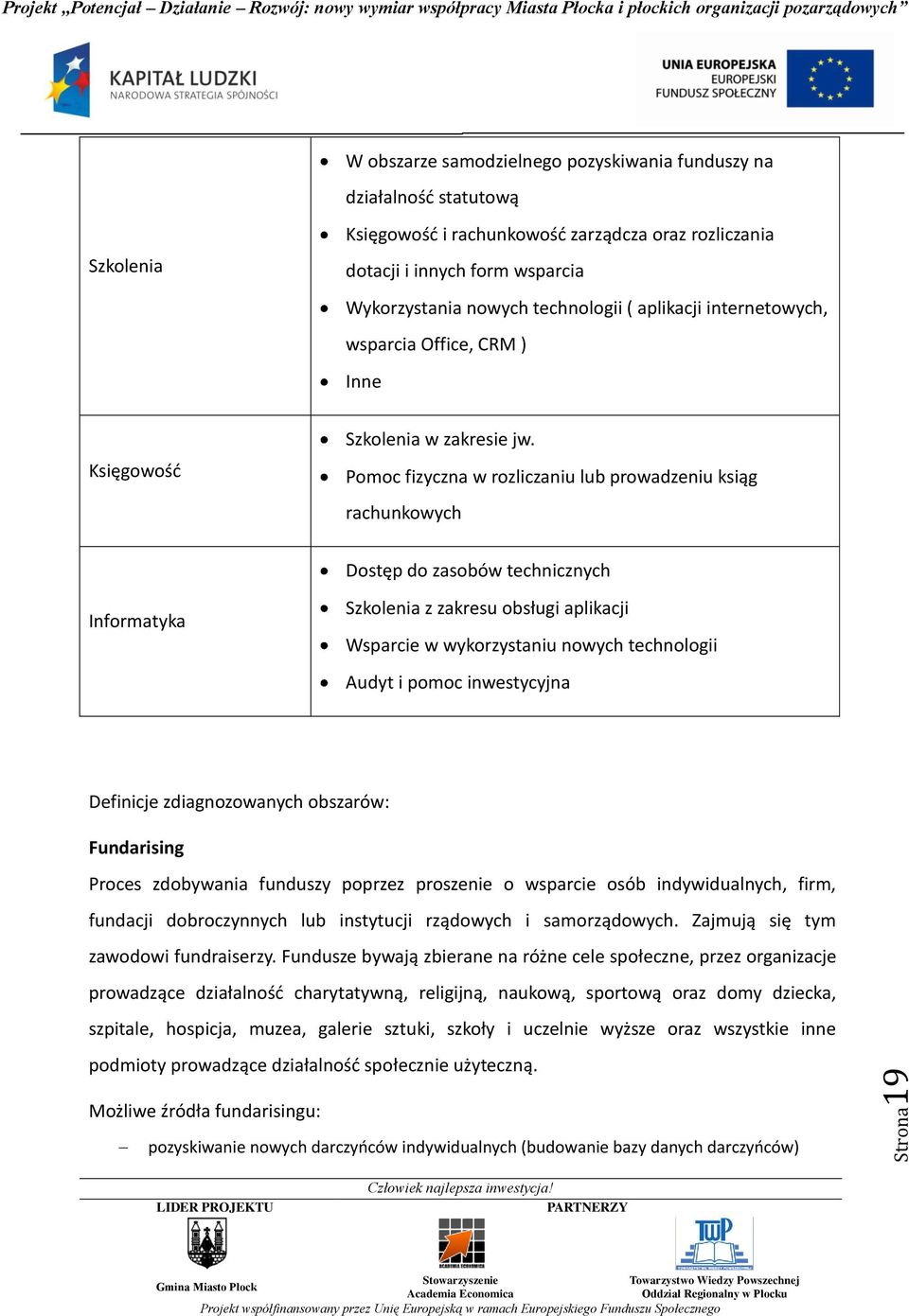 Pomoc fizyczna w rozliczaniu lub prowadzeniu ksiąg rachunkowych Dostęp do zasobów technicznych Informatyka Szkolenia z zakresu obsługi aplikacji Wsparcie w wykorzystaniu nowych technologii Audyt i