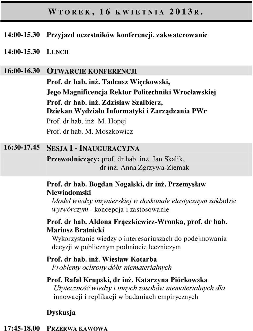 45 SESJA I - INAUGURACYJNA Przewodniczący: prof. dr hab. inż. Jan Skalik, dr inż. Anna Zgrzywa-Ziemak Prof. dr hab. Bogdan Nogalski, dr inż.