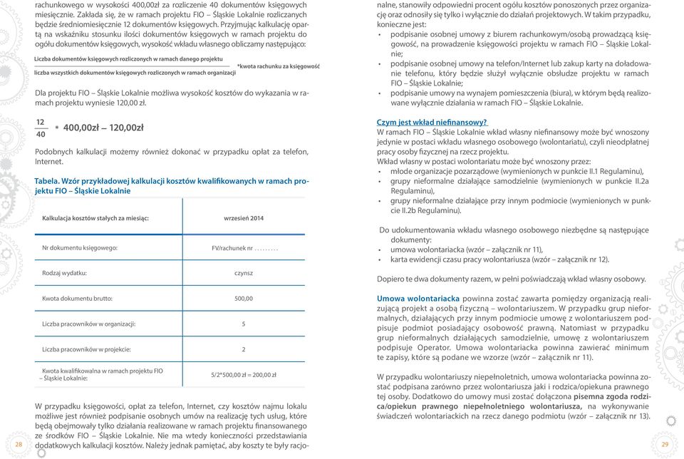 Przyjmując kalkulację opartą na wskaźniku stosunku ilości dokumentów księgowych w ramach projektu do ogółu dokumentów księgowych, wysokość wkładu własnego obliczamy następująco: Dla projektu FIO