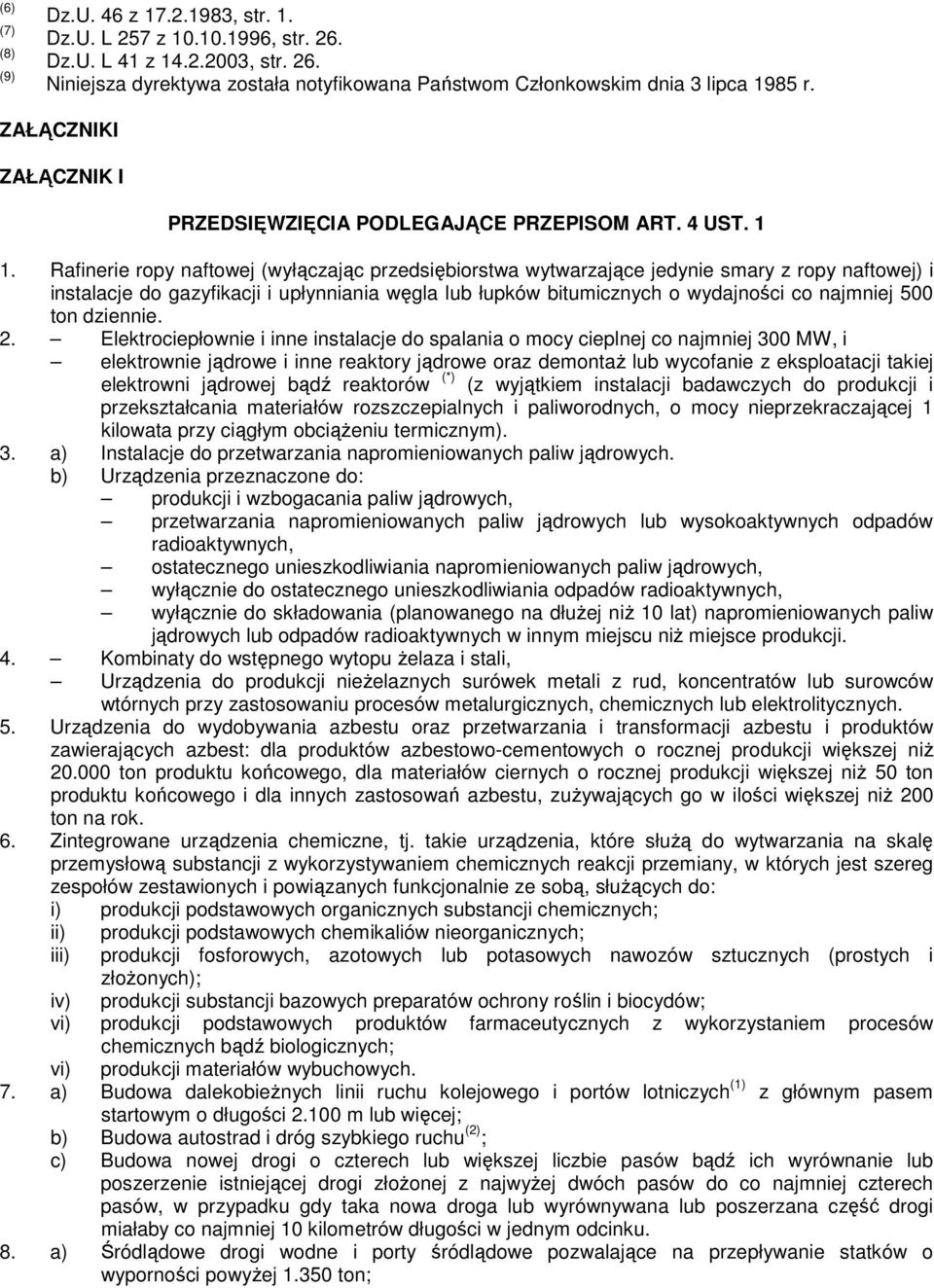 Rafinerie ropy naftowej (wyłączając przedsiębiorstwa wytwarzające jedynie smary z ropy naftowej) i instalacje do gazyfikacji i upłynniania węgla lub łupków bitumicznych o wydajności co najmniej 500