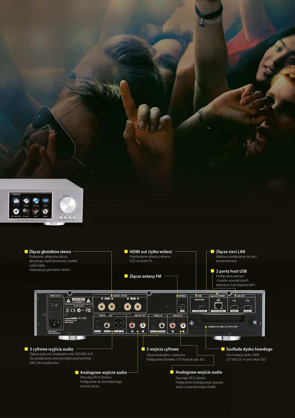 3 cyfrowe wyjścia audio Złącze optyczne, koaksjalne oraz AES/EBU XLR. Do podłączenia zewnętrznego przetwornika DAC lub amplitunera. 2 wejścia cyfrowe Złącze koaksjalne i optyczne.