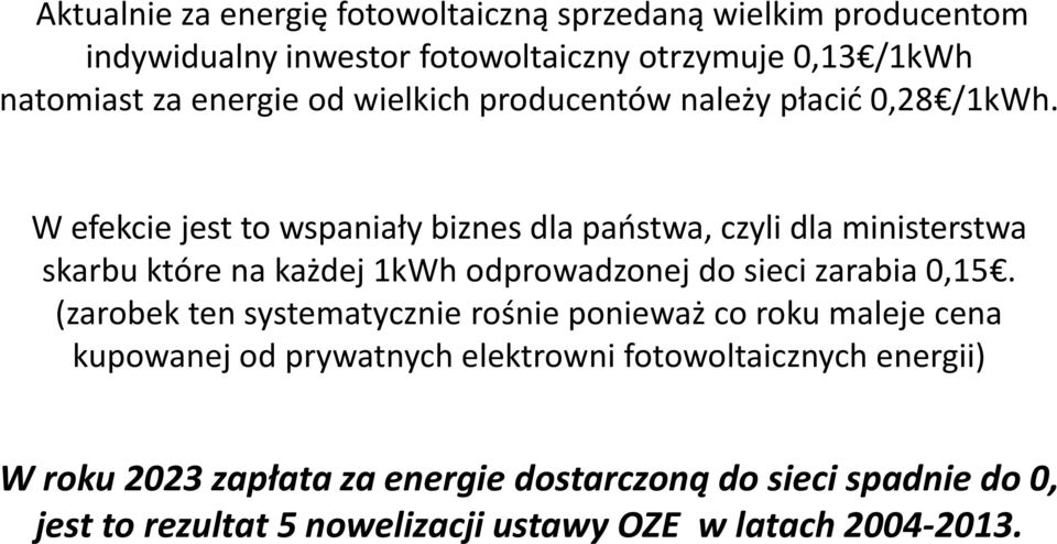 W efekcie jest to wspaniały biznes dla państwa, czyli dla ministerstwa skarbu które na każdej 1kWh odprowadzonej do sieci zarabia 0,15.