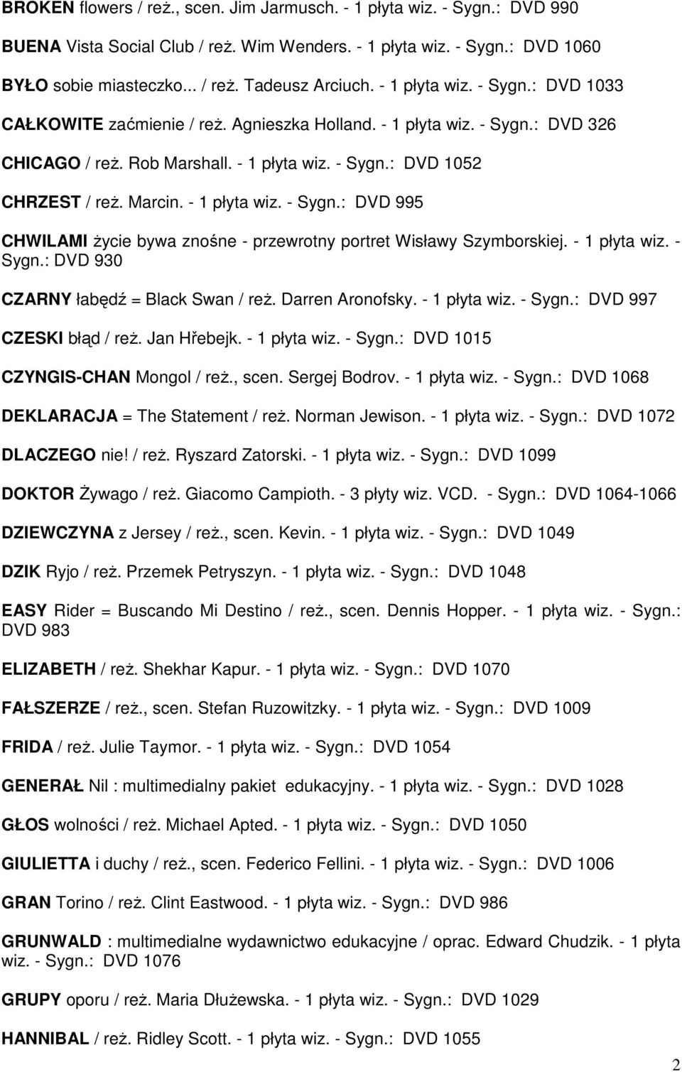 - 1 płyta wiz. - Sygn.: DVD 995 CHWILAMI życie bywa znośne - przewrotny portret Wisławy Szymborskiej. - 1 płyta wiz. - Sygn.: DVD 930 CZARNY łabędź = Black Swan / reż. Darren Aronofsky. - 1 płyta wiz. - Sygn.: DVD 997 CZESKI błąd / reż.