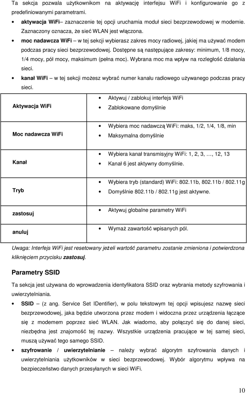 Dostępne są następujące zakresy: minimum, 1/8 mocy, 1/4 mocy, pół mocy, maksimum (pełna moc). Wybrana moc ma wpływ na rozległość działania sieci.