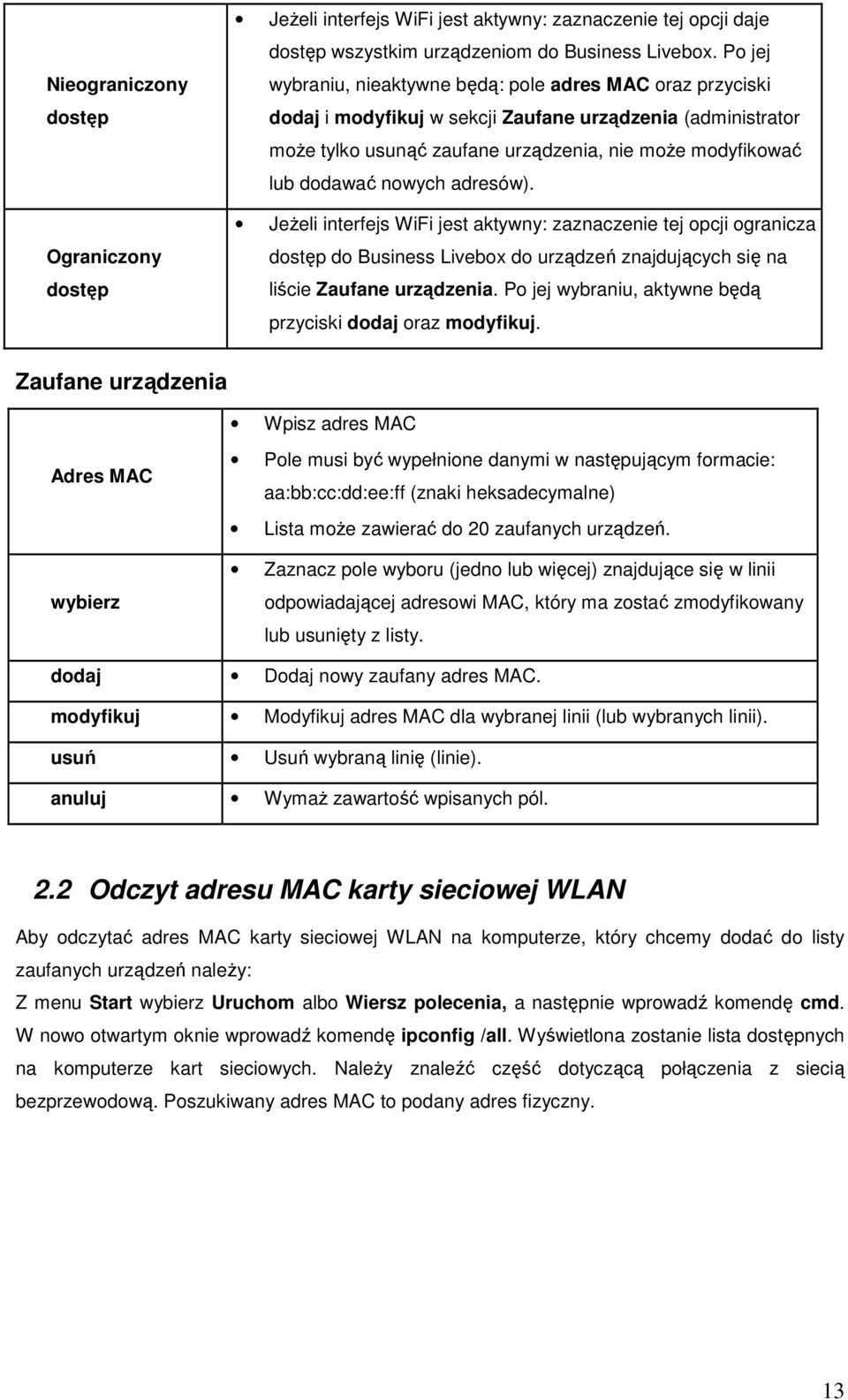 nowych adresów). Jeżeli interfejs WiFi jest aktywny: zaznaczenie tej opcji ogranicza dostęp do Business Livebox do urządzeń znajdujących się na liście Zaufane urządzenia.