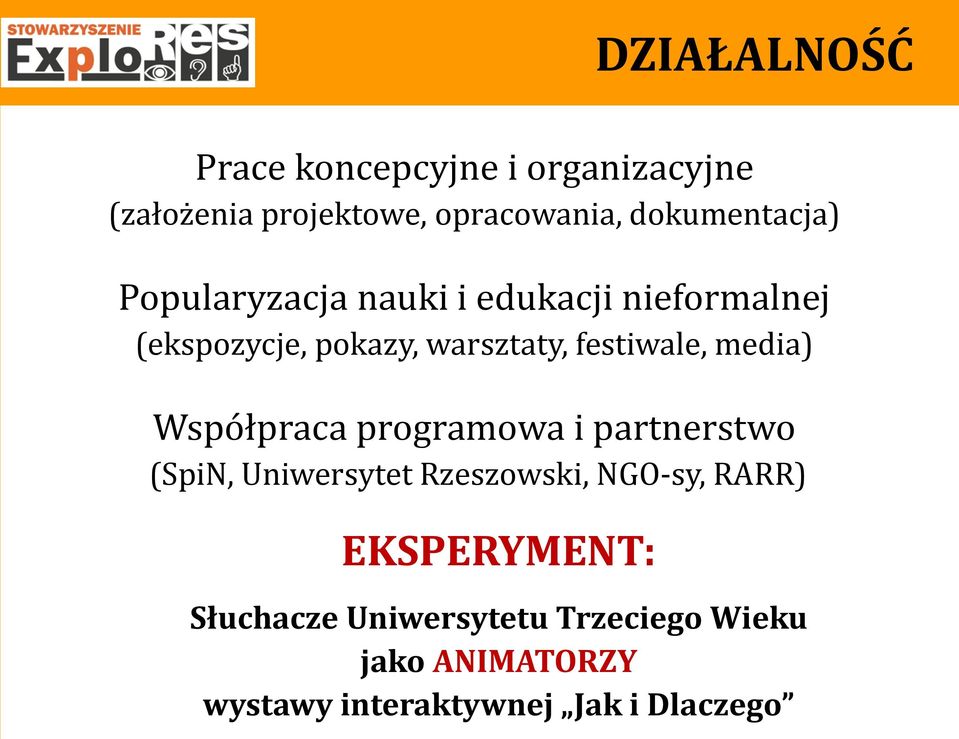 festiwale, media) Współpraca programowa i partnerstwo (SpiN, Uniwersytet Rzeszowski, NGO-sy,