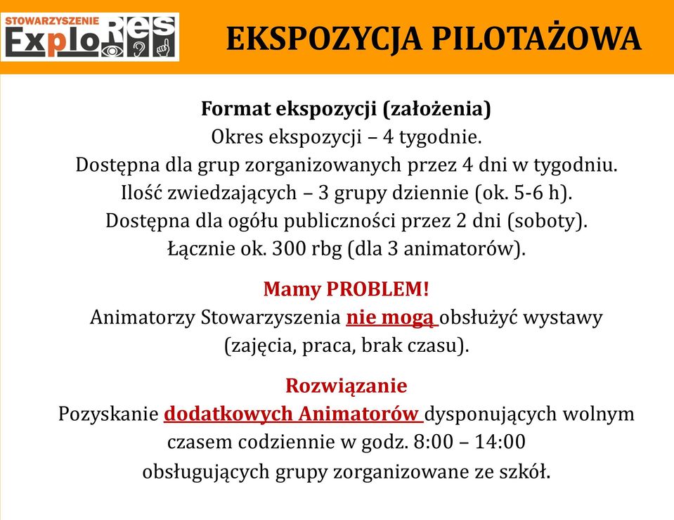 Dostępna dla ogółu publiczności przez 2 dni (soboty). Łącznie ok. 300 rbg (dla 3 animatorów). Mamy PROBLEM!