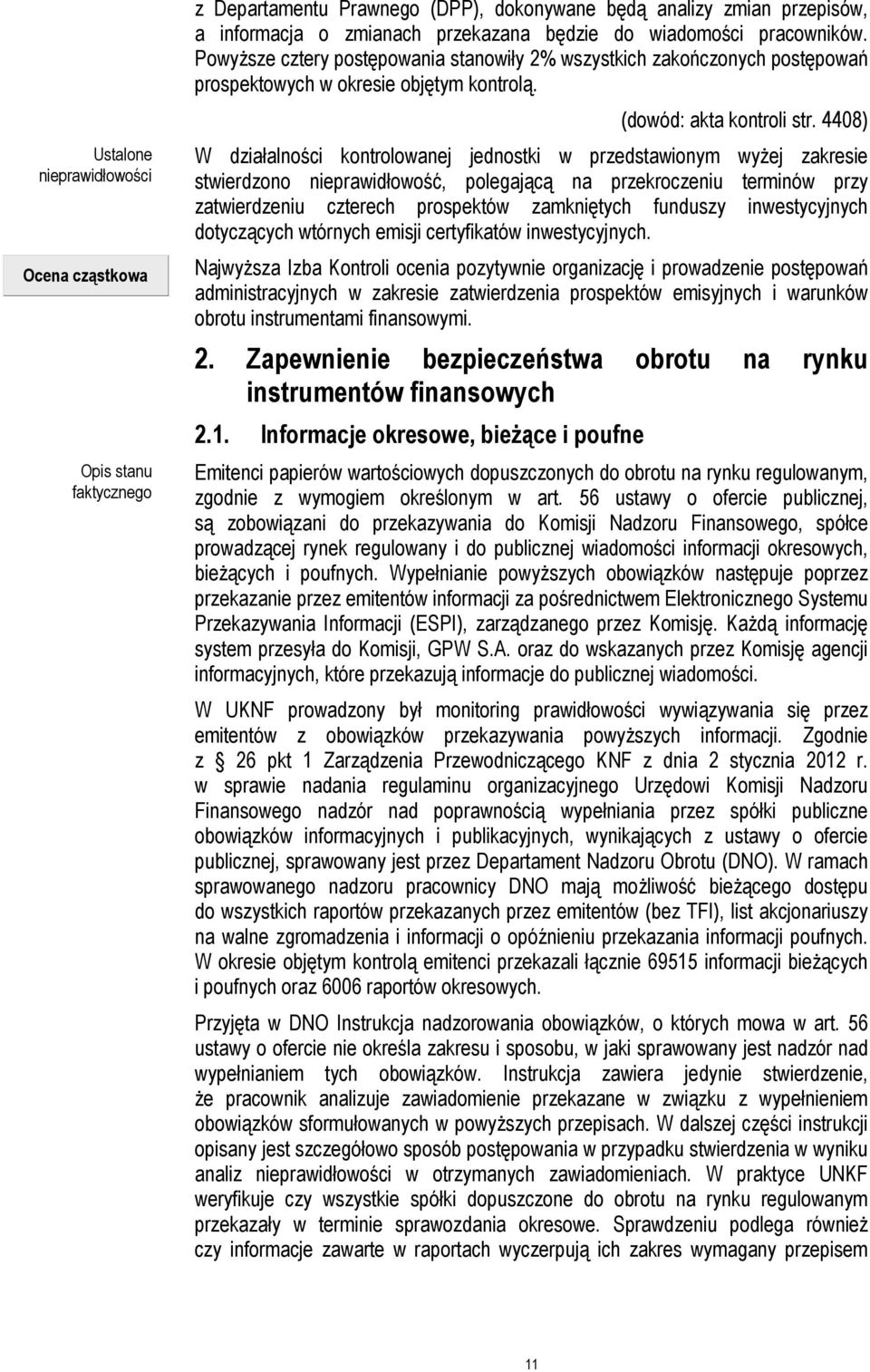 4408) W działalności kontrolowanej jednostki w przedstawionym wyżej zakresie stwierdzono nieprawidłowość, polegającą na przekroczeniu terminów przy zatwierdzeniu czterech prospektów zamkniętych