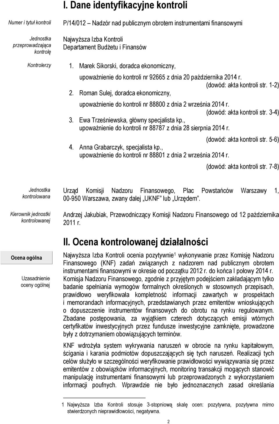 Roman Sulej, doradca ekonomiczny, upoważnienie do kontroli nr 88800 z dnia 2 września 2014 r. (dowód: akta kontroli str. 3-4) 3. Ewa Trześniewska, główny specjalista kp.