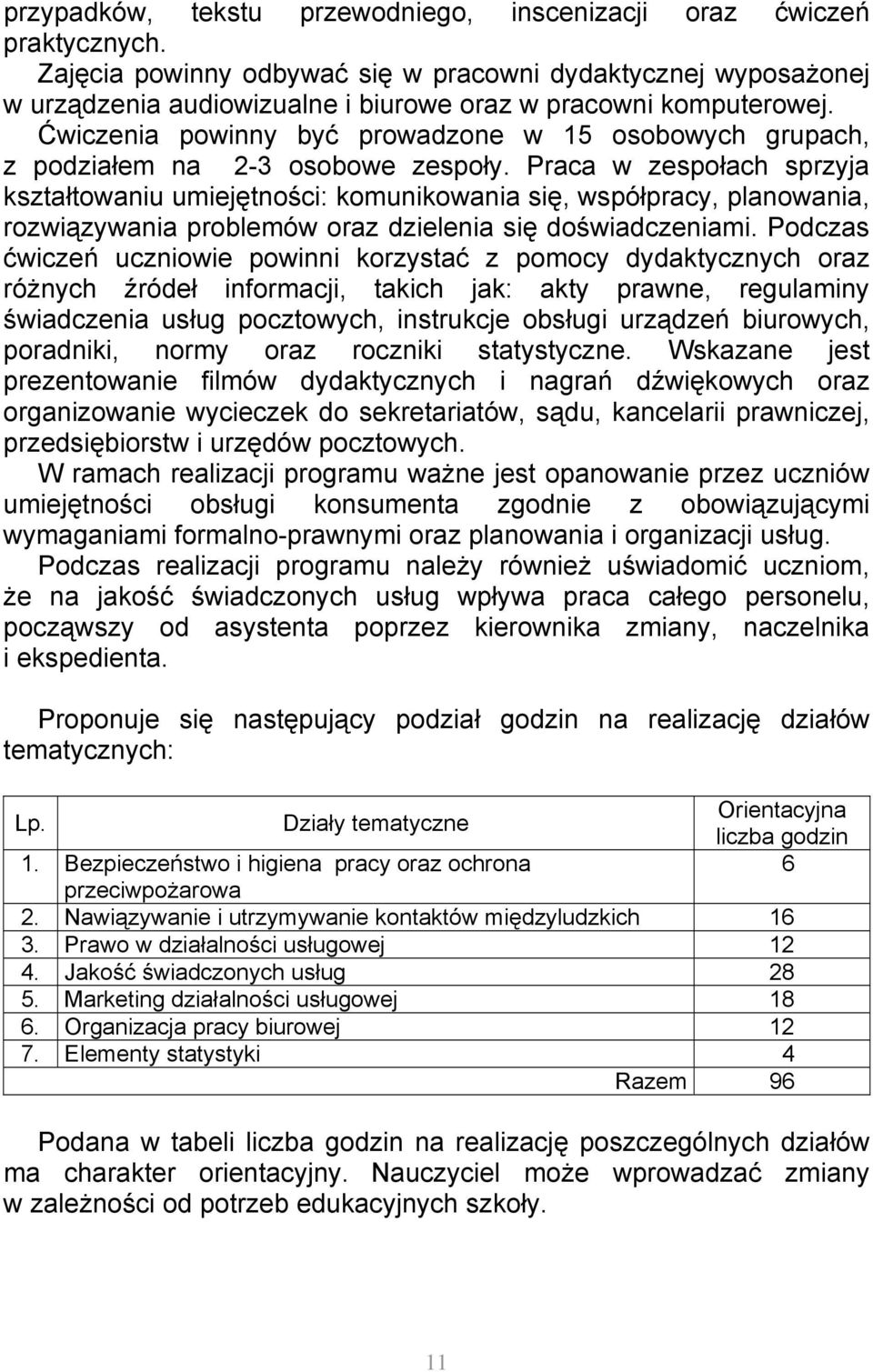 Ćwiczenia powinny być prowadzone w 15 osobowych grupach, z podziałem na 2-3 osobowe zespoły.