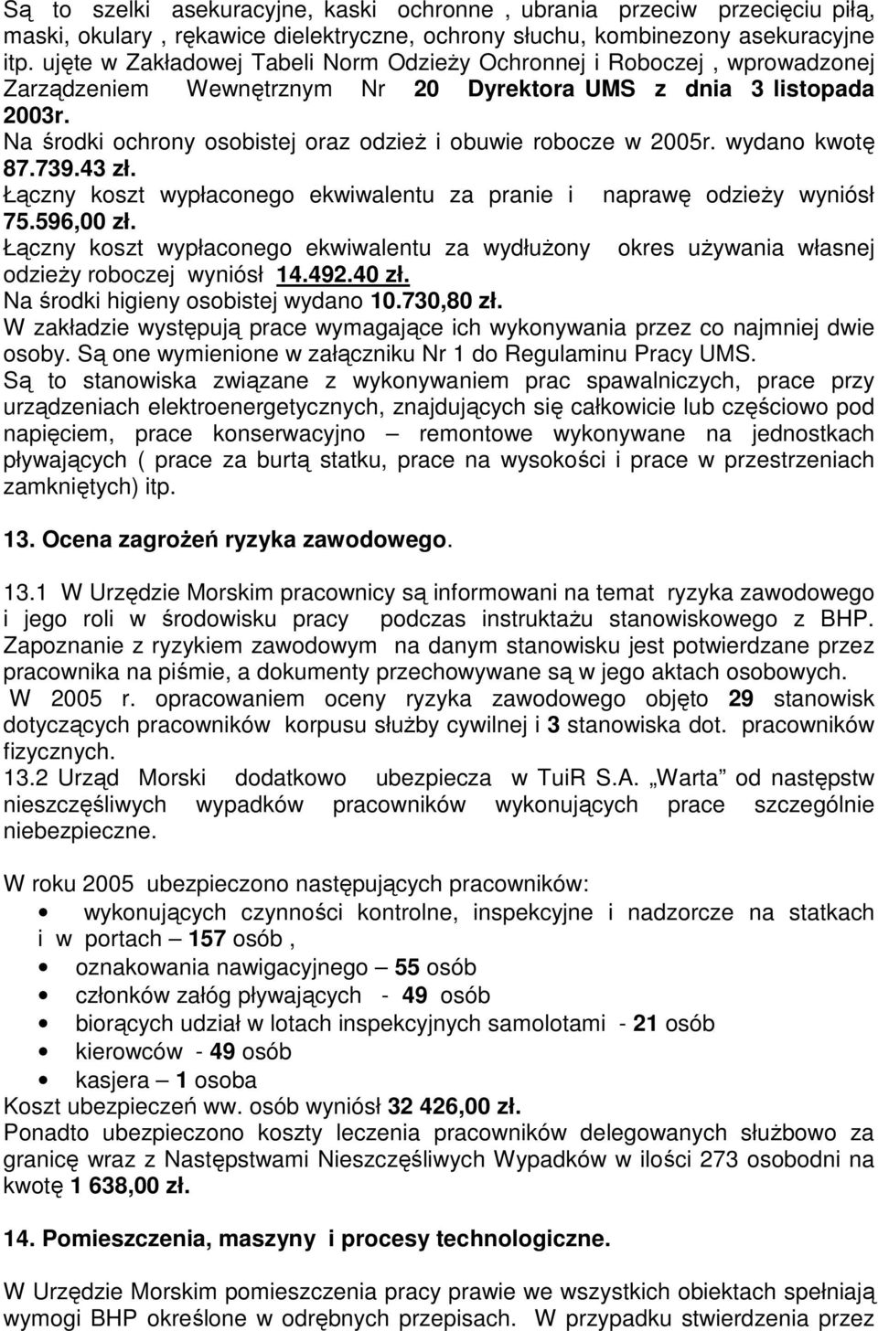 Na środki ochrony osobistej oraz odzieŝ i obuwie robocze w 2005r. wydano kwotę 87.739.43 zł. Łączny koszt wypłaconego ekwiwalentu za pranie i naprawę odzieŝy wyniósł 75.596,00 zł.