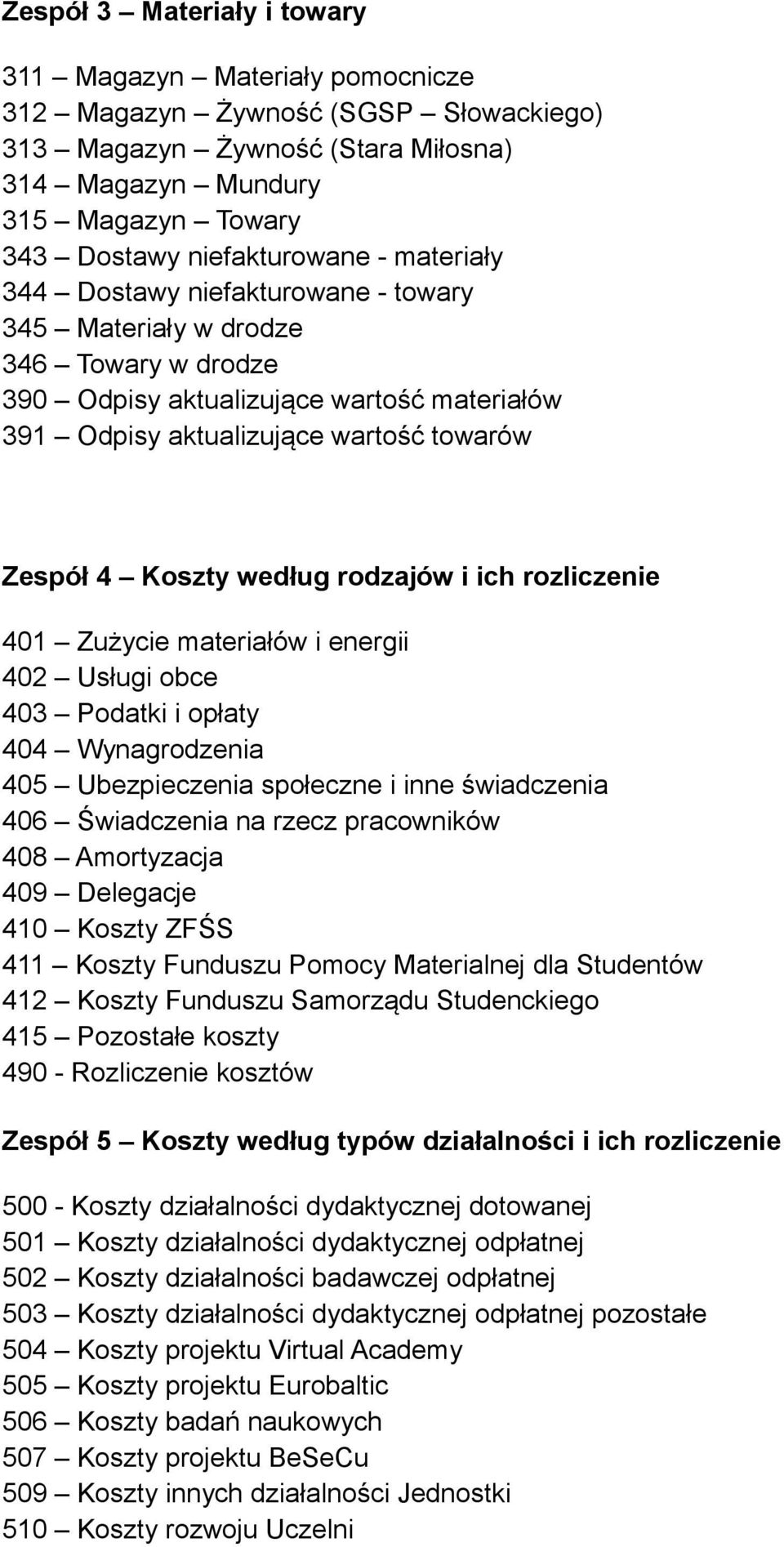 rodzajów i ich rozliczenie 401 Zużycie materiałów i energii 402 Usługi obce 403 Podatki i opłaty 404 Wynagrodzenia 405 Ubezpieczenia społeczne i inne świadczenia 406 Świadczenia na rzecz pracowników