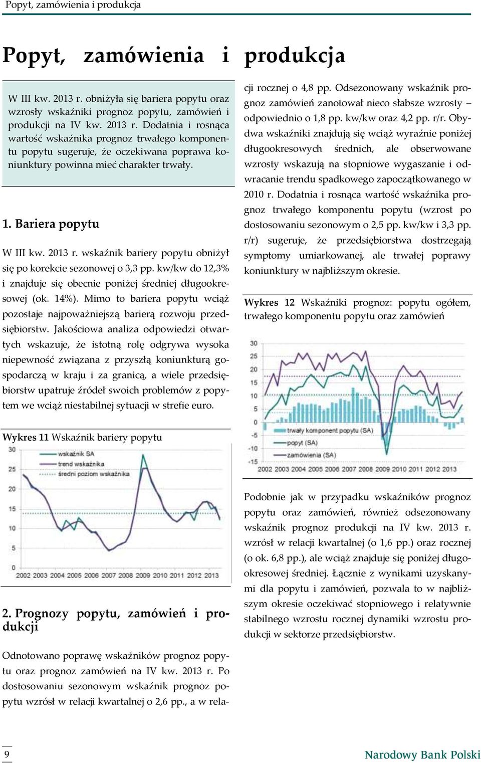 Dodatnia i rosnąca wartość wskaźnika prognoz trwałego komponentu popytu sugeruje, że oczekiwana poprawa koniunktury powinna mieć charakter trwały. 1. Bariera popytu W III kw. 13 r.