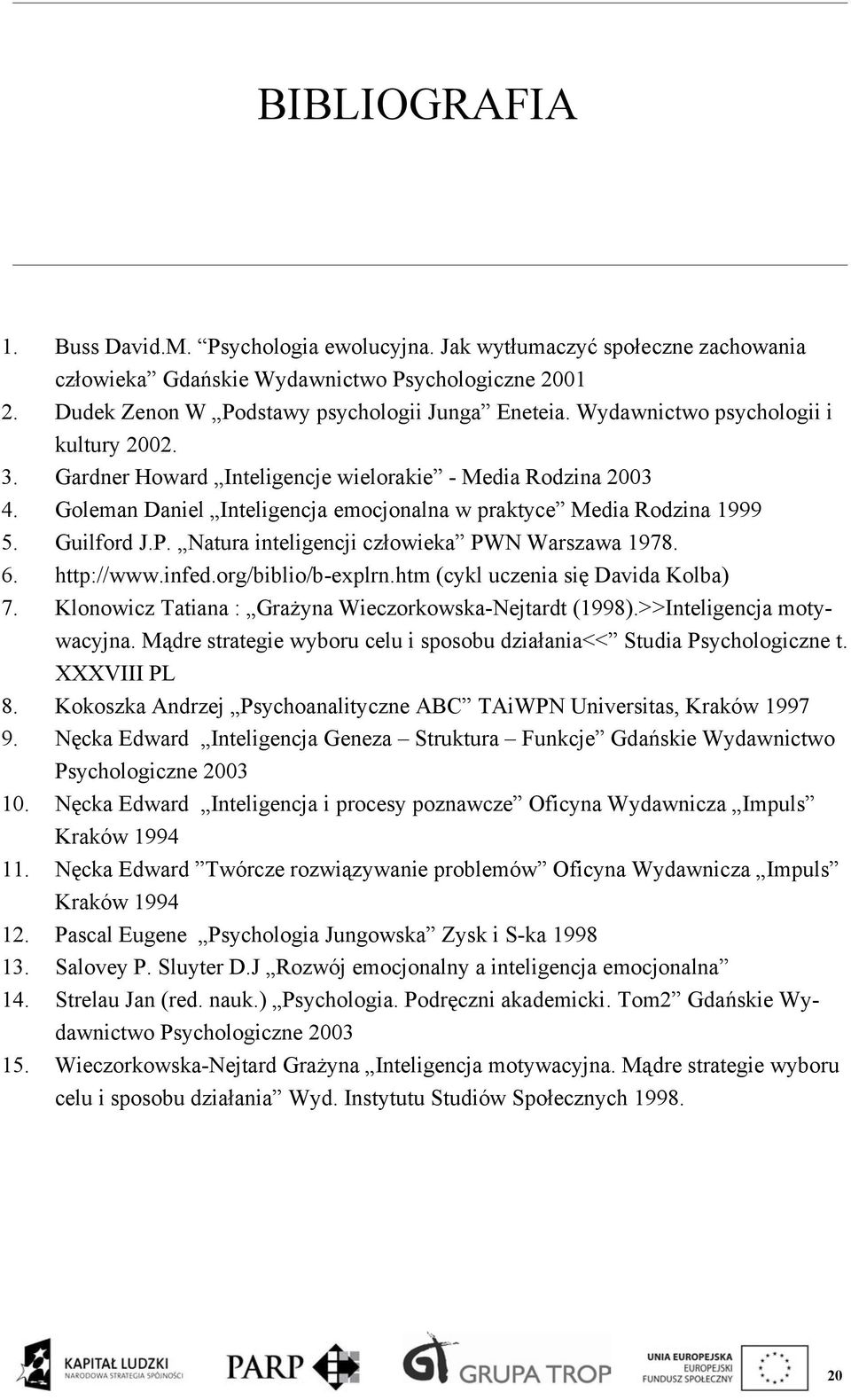 Natura inteligencji człowieka PWN Warszawa 1978. 6. http://www.infed.org/biblio/b-explrn.htm (cykl uczenia się Davida Kolba) 7. Klonowicz Tatiana : Grażyna Wieczorkowska-Nejtardt (1998).