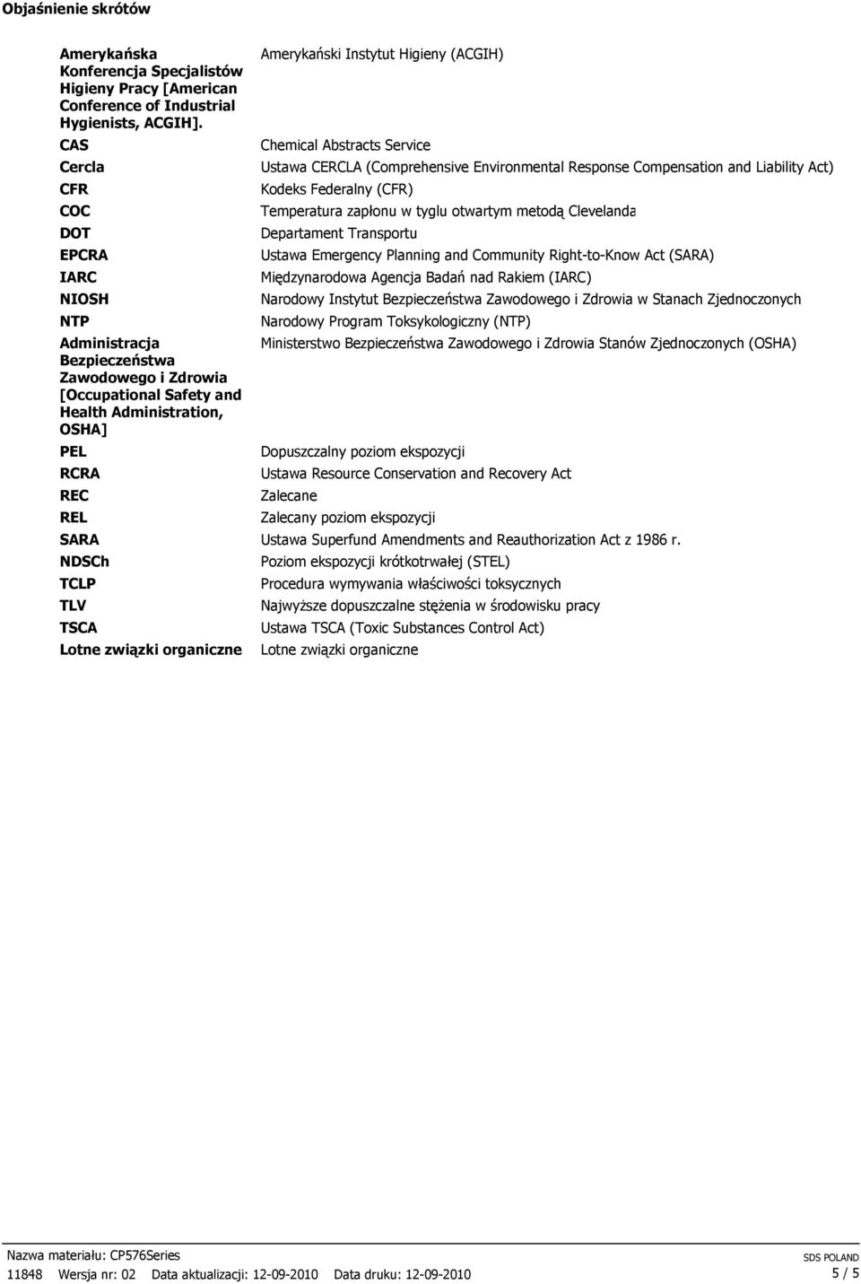 Instytut Higieny (ACGIH) Chemical Abstracts Service Ustawa CERCLA (Comprehensive Environmental Response Compensation and Liability Act) Kodeks Federalny (CFR) Temperatura zapłonu w tyglu otwartym